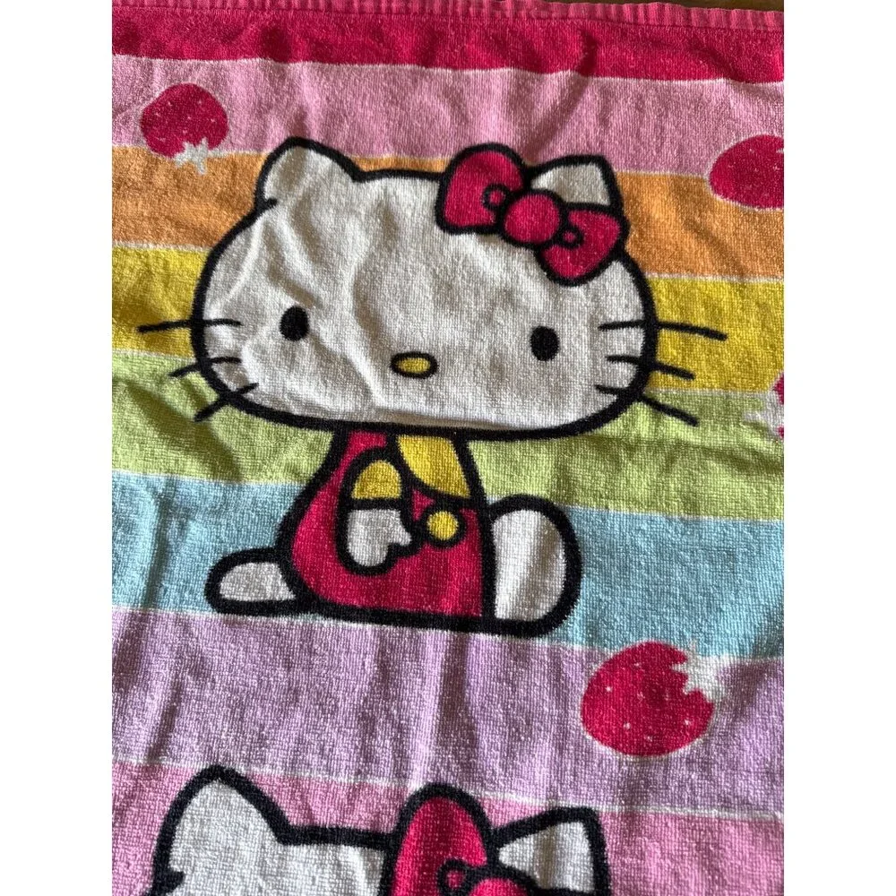 Vintage Hello Kitty Rainbow Striped Strawberry Print Bath BeachTowel By Sanrio